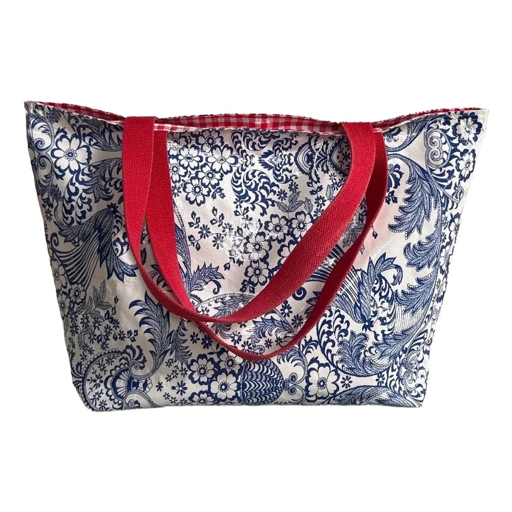Blue French Toile Oilcloth Tote Bag Reversible Red Gingham Canvas Handles Large